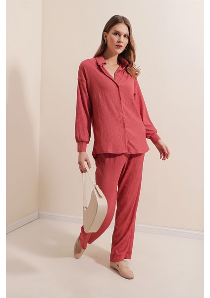 Kadın BDART Düğmeli Uzun Kollu Gömlek & Pantolon Örme Takım Tozlu Gül Pembesi modelleri