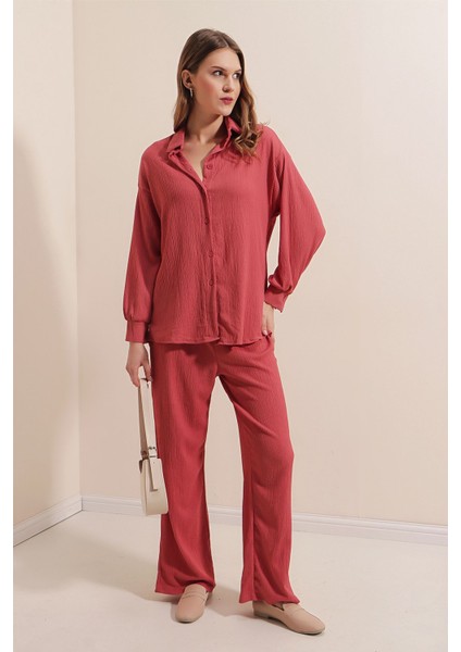 Kadın BDART Düğmeli Uzun Kollu Gömlek & Pantolon Örme Takım Tozlu Gül Pembesi indirimleri