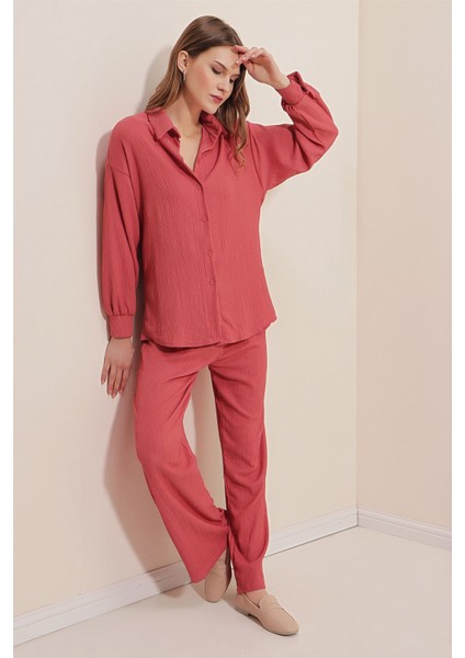 Kadın BDART Düğmeli Uzun Kollu Gömlek & Pantolon Örme Takım Tozlu Gül Pembesi