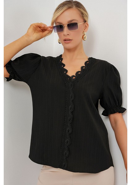 Kadın BDART Dokulu V Yaka Bluz Black