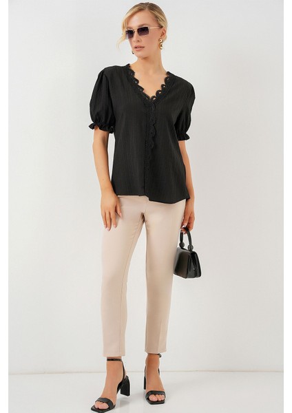 Kadın BDART Dokulu V Yaka Bluz Black fiyatları