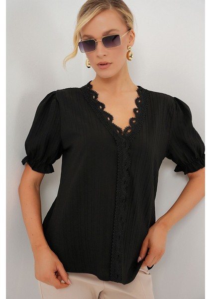 Kadın BDART Dokulu V Yaka Bluz Black fırsatları
