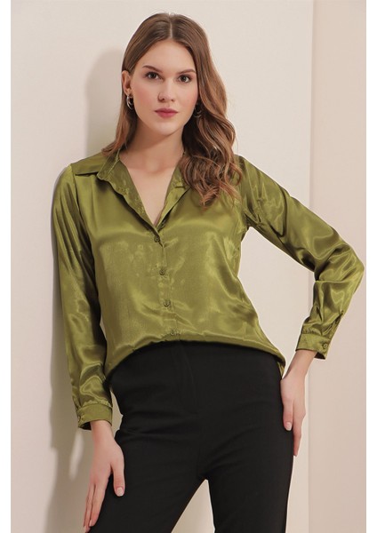 Kadın SBDART aten Kaplamalı Uzun Kollu Düğmeli Gömlek Haki Yeşil fiyatları