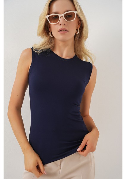 Kadın BDART Dik Yaka, Askısız, Fitilli Bodysuit Lacivert