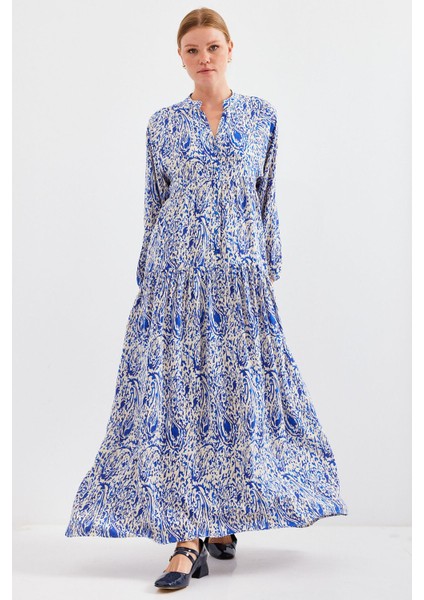 Kadın BDART Desenli V Yaka Maxi Elbise Kobalt Mavisi