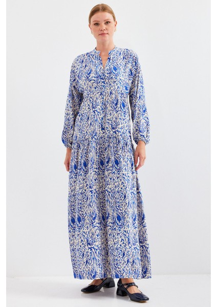 Kadın BDART Desenli V Yaka Maxi Elbise Kobalt Mavisi indirimleri