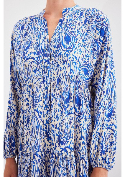 Kadın BDART Desenli V Yaka Maxi Elbise Kobalt Mavisi