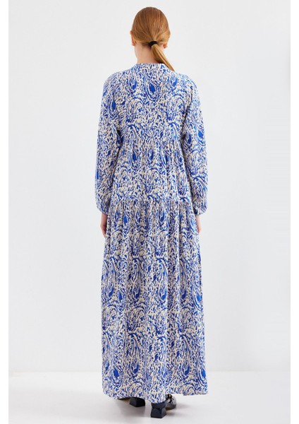 Kadın BDART Desenli V Yaka Maxi Elbise Kobalt Mavisi