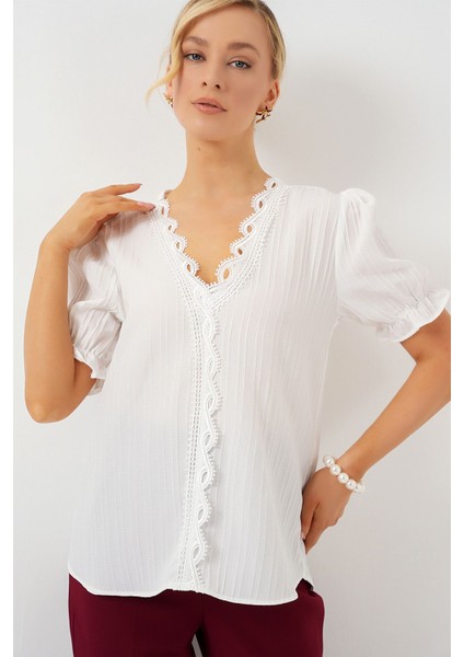 Kadın BDART Dokulu V Yaka Bluz White