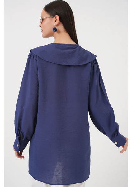 Kadın BDART Bebek Yaka ve Fiyonk Detaylı Uzun Bol Bluz Lacivert