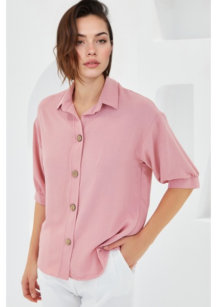 Kadın BDART Düğme Kapamalı Oversize Krep Gömlek Karanfil Pembesi modelleri