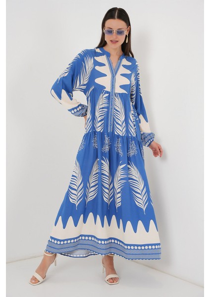 Kadın BDART Düğmeli V Yaka Desenli Maxi Elbise Fas Mavisi modelleri