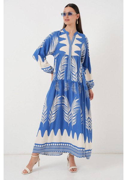 Kadın BDART Düğmeli V Yaka Desenli Maxi Elbise Fas Mavisi fırsatları