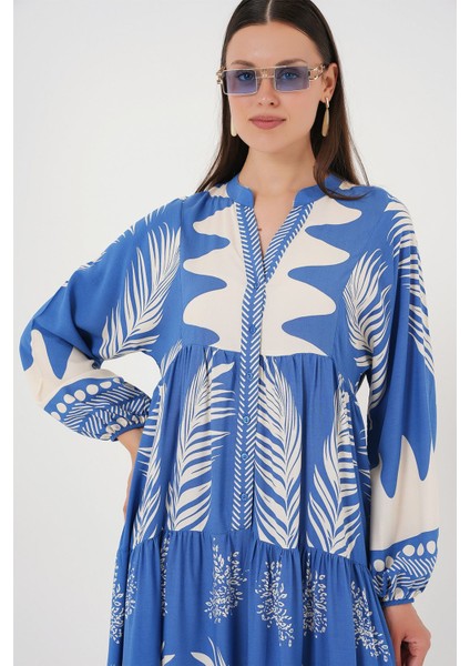 Kadın BDART Düğmeli V Yaka Desenli Maxi Elbise Fas Mavisi indirimleri