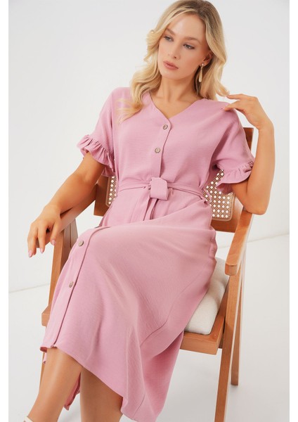 Kadın BDART Düğmeli V Yaka Midi Elbise Pink fiyatları