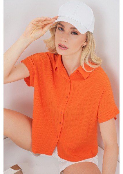 Kadın BDART Çizgili Poplin Düğmeli Gömlek Parlak Turuncu