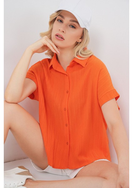 Kadın BDART Çizgili Poplin Düğmeli Gömlek Parlak Turuncu fırsatları