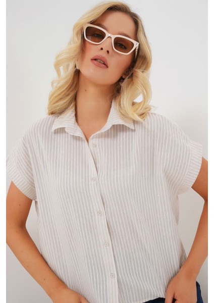Kadın BDART Çizgili Poplin Düğmeli Gömlek Natural