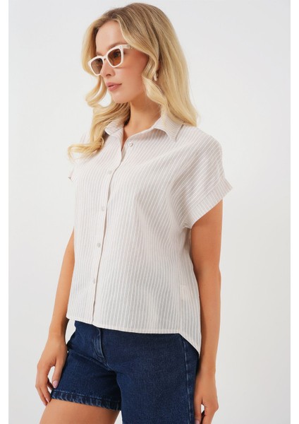 Kadın BDART Çizgili Poplin Düğmeli Gömlek Natural modelleri