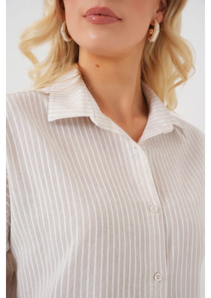 Kadın BDART Çizgili Poplin Düğmeli Gömlek Natural indirimleri