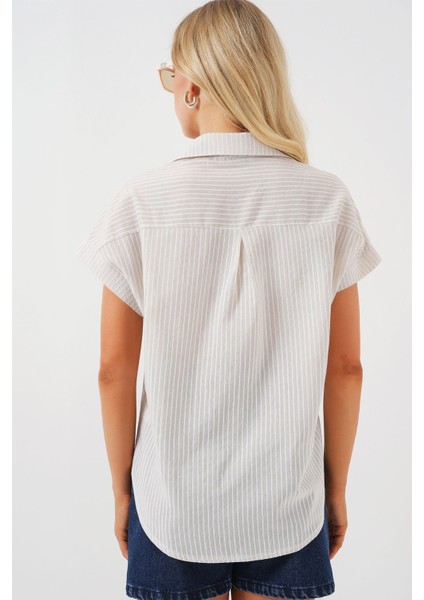 Kadın BDART Çizgili Poplin Düğmeli Gömlek Natural