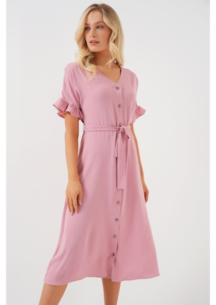 Kadın BDART Düğmeli V Yaka Midi Elbise Toz Pembe