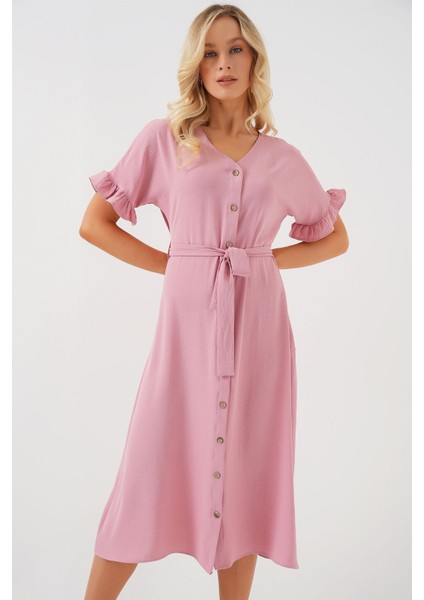 Kadın BDART Düğmeli V Yaka Midi Elbise Toz Pembe fırsatları