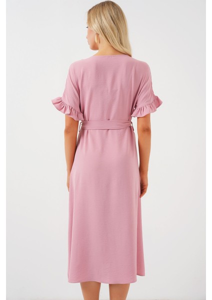 Kadın BDART Düğmeli V Yaka Midi Elbise Toz Pembe