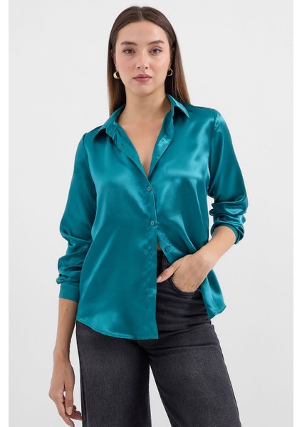 Kadın BDART Saten Uzun Kollu Düğmeli Gömlek Zeytin Yeşili fiyatları