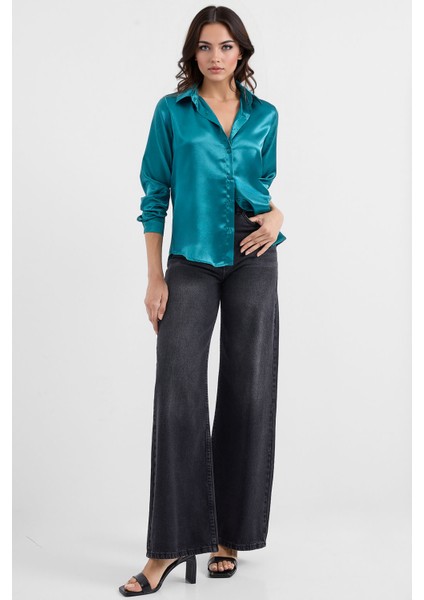 Kadın BDART Saten Uzun Kollu Düğmeli Gömlek Zeytin Yeşili modelleri