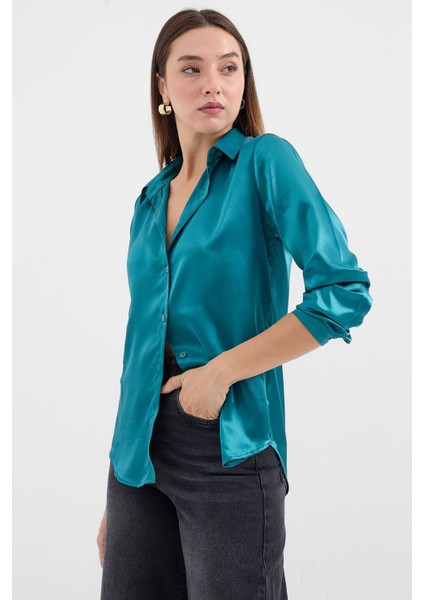 Kadın BDART Saten Uzun Kollu Düğmeli Gömlek Zeytin Yeşili fırsatları