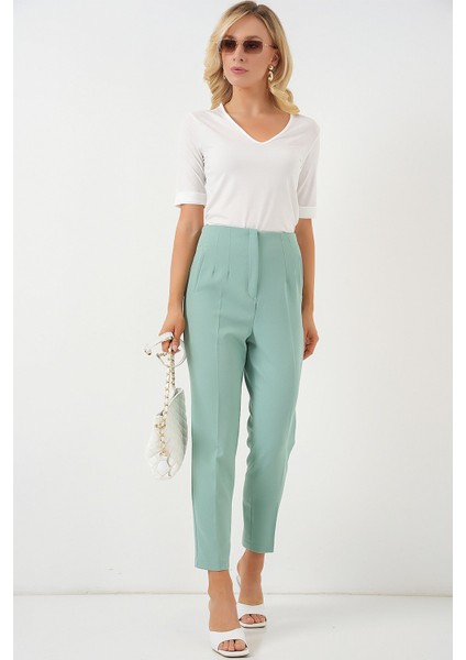 Kadın BDART Yüksek Bel Dar Kalıp Bilek Boy Krep Pantolon Nane Yeşili