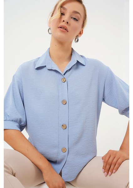 Kadın BDART Düğme Kapamalı Oversize Krep Gömlek Blue
