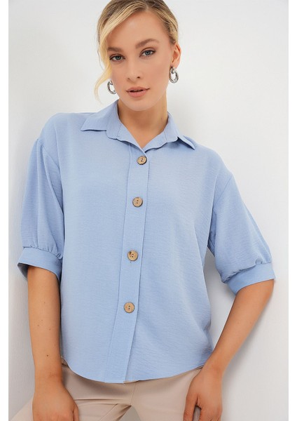 Kadın BDART Düğme Kapamalı Oversize Krep Gömlek Blue modelleri