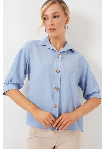 Kadın BDART Düğme Kapamalı Oversize Krep Gömlek Blue fırsatları