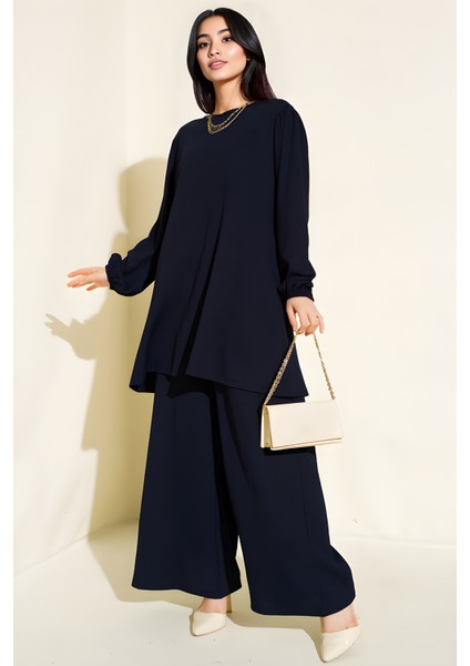 Kadın BDART Dokulu Uzun Kollu Tunik ve Geniş Paça Pantolon Seti Lacivert fiyatları