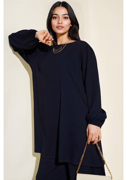 Kadın BDART Dokulu Uzun Kollu Tunik ve Geniş Paça Pantolon Seti Lacivert modelleri