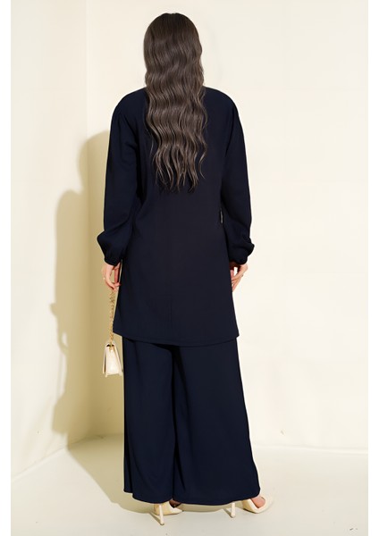 Kadın BDART Dokulu Uzun Kollu Tunik ve Geniş Paça Pantolon Seti Lacivert indirimleri