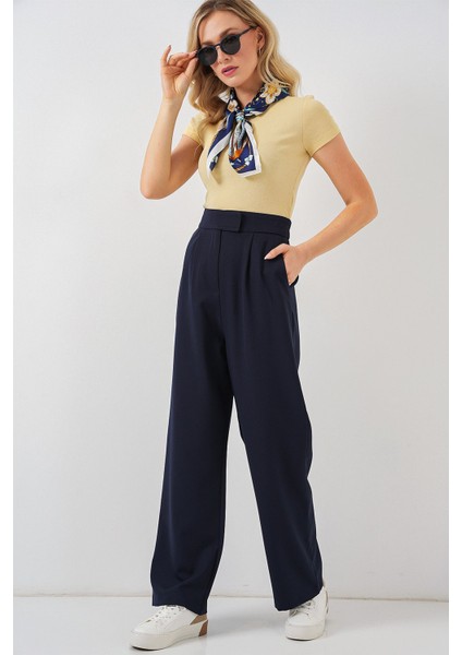 Kadın BDART Kemerli Yüksek Bel Geniş Paça Pantolon Lacivert