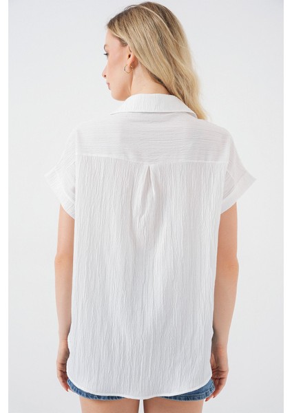 Kadın BDART Çizgili Poplin Düğmeli Gömlek Beyaz
