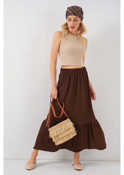 Kadın BDART Esnek Bel ile Dokulu Uzun Triko Etek Kahverengi modelleri