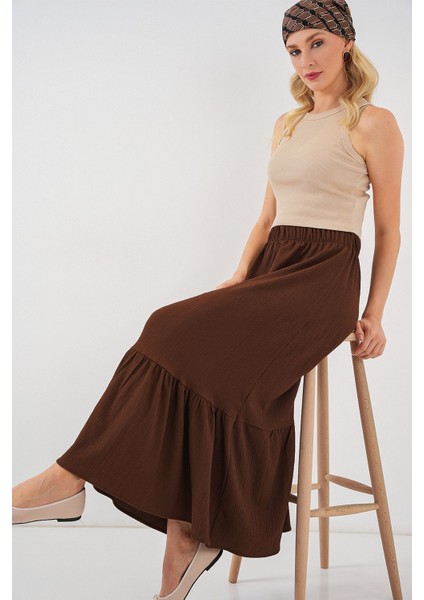 Kadın BDART Esnek Bel ile Dokulu Uzun Triko Etek Kahverengi indirimleri
