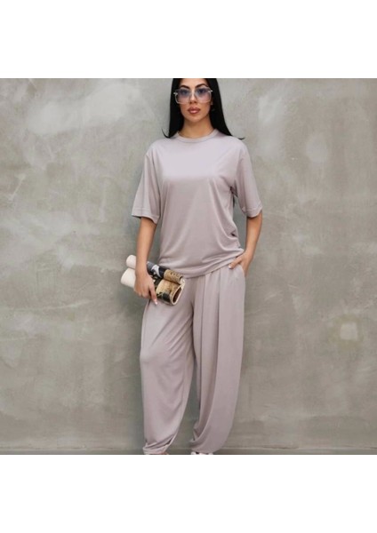 Osy Odal Yumuşak Dokulu Kumaş Oversize Bisiklet Yaka Tshirt Jogger Eşofman Altı Eşofman Takımı Gri