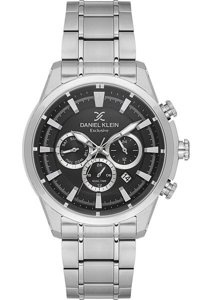 DK.1.10867.2 Siyah Gümüş Çift Kilitli Fonksiyonlu Çelik Kordonlu Erkek Kol Saati