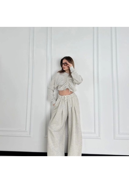 Uzun Kollu Önü Ip Büzgülü Crop ve Pantolon Ikili Takım Gri fiyatları