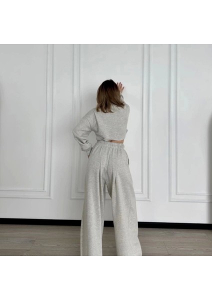 Uzun Kollu Önü Ip Büzgülü Crop ve Pantolon Ikili Takım Gri modelleri