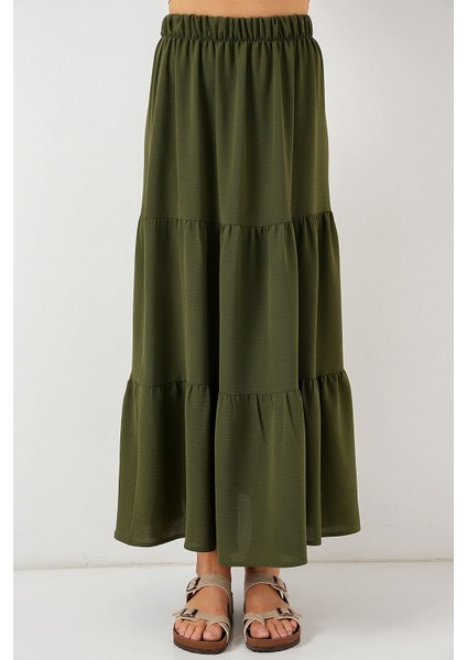 Kadın BDART Dokulu Maxi Etek Haki Yeşil