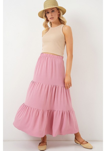 Kadın BDART Dokulu Maxi Etek Toz Pembe