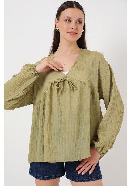 Kadın BDART Kemerli V Yaka Seersucker Bluz Green modelleri