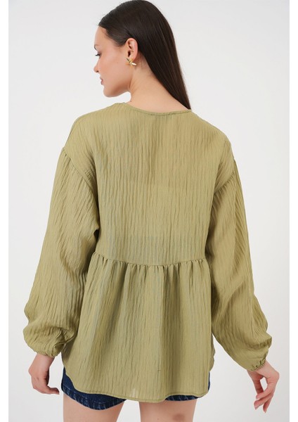 Kadın BDART Kemerli V Yaka Seersucker Bluz Green